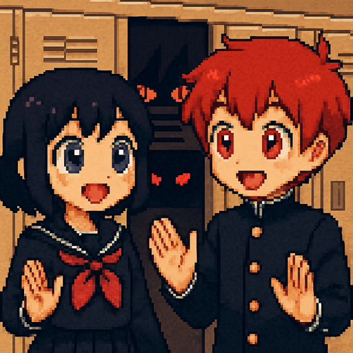 Pixel art. A red-haired 15-year-old anime-style boy with red eyes and a girl with purple eyes in Japanese school uniforms, both with large, expressive eyes and oversized irises to look super kawaii, are talking cheerfully while looking into each other’s eyes and gesturing with their hands. They are standing very close to a row of school lockers. In the center locker, a pair of glowing red eyes peer through the slats. The eyes belong to a hidden yandere—obsessed, crazy, and jealous—whose face and body remain completely obscured in the darkness inside the locker. The mood is lighthearted between the boy and girl, contrasting with the eerie presence watching them from the shadows.