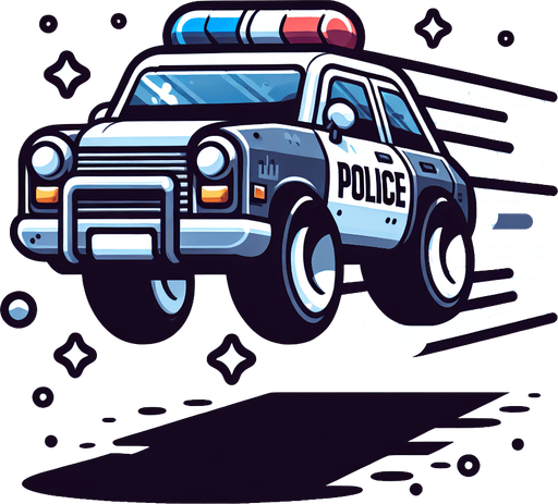 A cartoon flying police car.
Single Game Texture. In-Game asset. 2d. Blank background. High contrast. No shadows.
