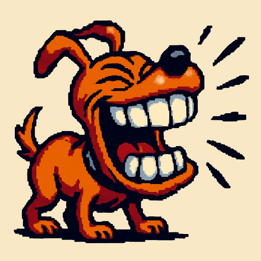 Un perro bobo ladrando con los ojos cerrados  pixel art dientes grandes, estilo earthworm jim.
In-Game asset.  2d.  High contrast.  No shadows
