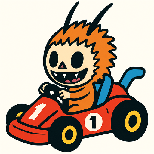 Labubu in kart.
In-Game asset.  2d.  High contrast.  No shadows