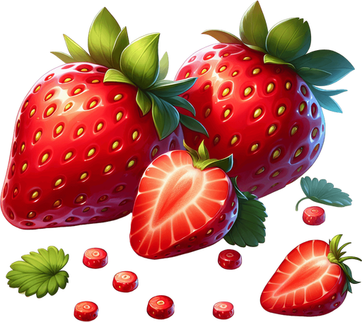 A couple of strawberries.
Single Game Texture. In-Game asset. 2d. Blank background. High contrast. No shadows.