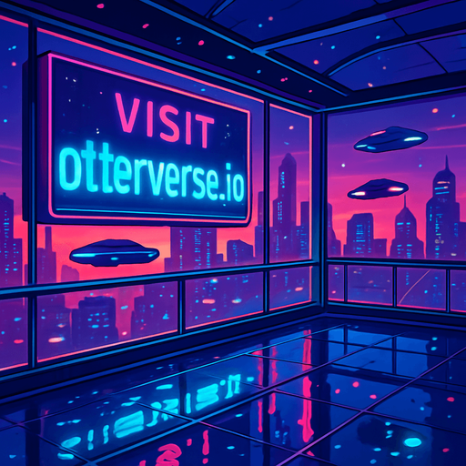 “Render a futuristic skyline view from a glass-walled sky-bridge at twilight. Huge digital billboard outside declares ‘Visit otterverse.io’ in crisp neon lettering. Include passing hover-cars, floating particle effects, and a wet floor inside reflecting the lights—no characters or coins.”.
In-Game asset.  2d.  High contrast.  No shadows