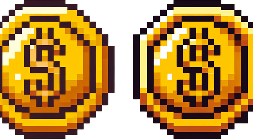 Pixelated gold coin.
Single Game Texture.  In-Game asset.  2d.  Blank background.  High contrast.  No shadows
