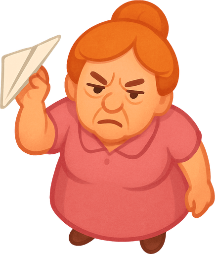A lady ready to throw a paper plane. She has a pink dress and orange hair. She looks like she has been working in an office for 40 years. Make her look annoyed. Cute soft graphics. soft ambient light. semi-matte to satin surfaces. naturalistic with slight saturation boost colors. 
In-Game asset.  2d.  High contrast.  No shadows. top down. View from above.