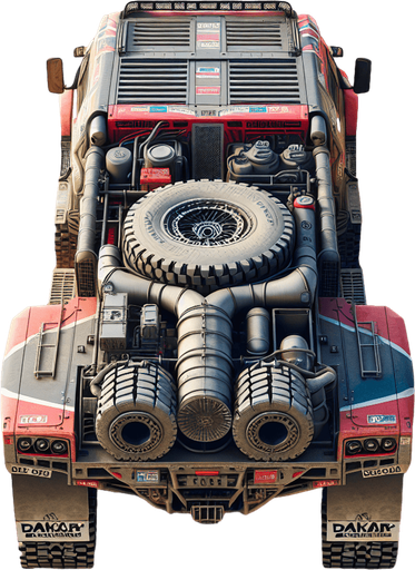 Photorealistic Dakar-Rally-Truck from back, Top view.