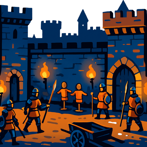 A medieval castle courtyard at dusk, guards patrolling, torches lit, training dummies and old carts, surrounded by stone walls and towers.
In-Game asset.  2d.  High contrast.  No shadows
