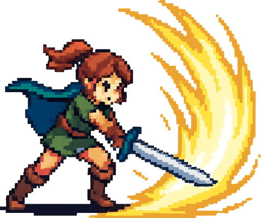 swordsgirl hero attack, sending shockwaves, pixel art, no background.
In-Game asset.  2d.  High contrast.  No shadows