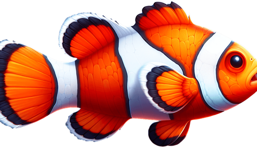 A realistic clownfish swiming to the right.
Single Game Texture. In-Game asset. 2d. Blank background. High contrast. No shadows.