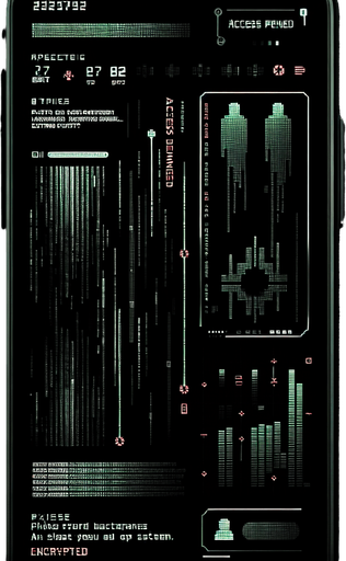 Create a minimalistic hacked mobile phone background with a solid black base. Add subtle glitch effects like faint pixel distortions and soft horizontal lines. Incorporate low-opacity green Matrix-style symbols cascading or scattered sparsely in the background. Include fragmented text elements like "Access Denied" or "Encrypted" in a modern, faint font. Use small red accents to emphasize the seriousness of the hack while maintaining ample negative space. Ensure all elements are subtle to avoid overshadowing foreground app icons..
Single Game Texture. In-Game asset. 2d. Blank background. High contrast. No shadows.