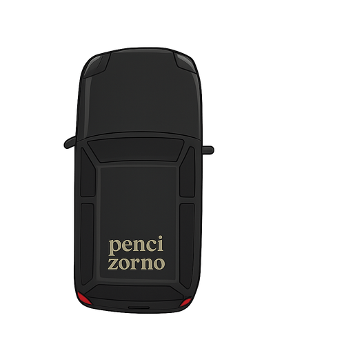 A luxury black van with the words penci zorno on it, top view looking at the opposite side. No background. Transparent background. Blank background. No shadows. 2d. In-Game asset. flat