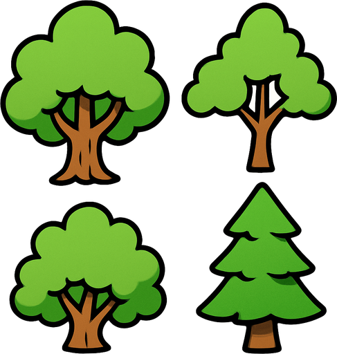 tree cartoons.
In-Game asset.  2d.  High contrast.  No shadows