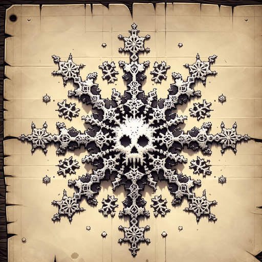 a pergament letter with the name "Deadly Snow". It has a snowflake in shape of a skull on it. Single Game Texture. In-Game asset. 2d. Blank background. High contrast. No shadows.