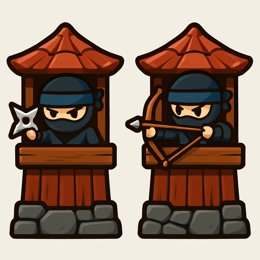 Towers have ninjas assets one have star and one have bow. HD colors.
In-Game asset.  2d.  High contrast.  No shadows