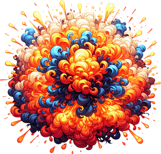 A fiery explosion.
Single Game Texture. In-Game asset. 2d. Blank background. High contrast. No shadows.