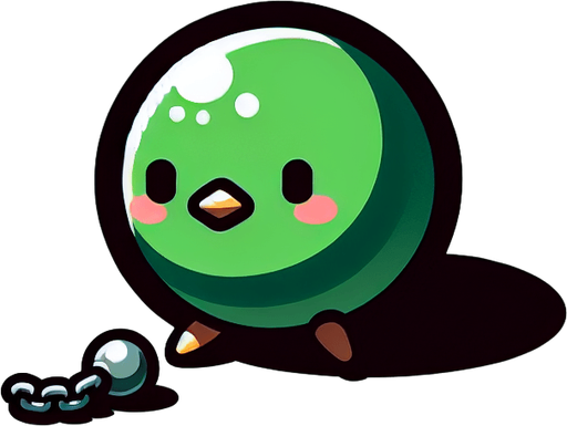 A sad little green bird sitting in ball chain..
Single Game Texture. In-Game asset. 2d. Blank background. High contrast. No shadows.