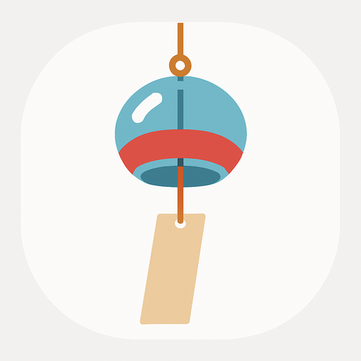 A flat, vector-style illustration of traditional Japanese wind chimes (furin) hanging from a string with a small paper tag. Gentle, peaceful design, transparent rounded background, suitable for mobile UI use..
In-Game asset.  2d.  High contrast.  No shadows