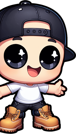 A cute monster wearing a snapback and Timberland shoes in Chibi style Single Game Texture. In-Game asset. 2d. Blank background. High contrast. No shadows.