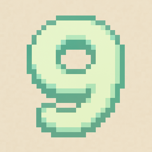 A pixel art number "9" designed for a cozy, cute retro 2D game UI with a bird theme. The number is rendered in soft pastel light green tones to harmonize with the gentle and sweet aesthetic of the game. It has a clean, simple, and rounded pixel style with no harsh edges, fitting perfectly within the pixel art UI style. The number is bold and easily readable at small sizes..
In-Game asset.  2d.  High contrast.  No shadows. pixel art. retro. 2d ui. number. pastel light green. simple. rounded edges. bold. cute. minimal