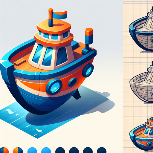 a colorful, cartoon style boat with an orange and blue color scheme. the boat has a small flag on top, round windows and a curved hull , with the BOAT text on it with bold letters. the design is vibrant, playful and optimized for a mobile game.
Single Game Texture.  In-Game asset.  2d.  Blank background.  High contrast.  No shadows