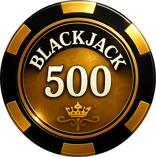 Crea un asset para una ficha de casino de $500 para Blackjack.
Color Principal: Un color muy distintivo y premium, como un dorado sólido y brillante, un plateado metálico o un negro azabache con un brillo iridiscente.
Borde/Detalles: Un borde más grueso y prominente en un color que contraste fuertemente (ej., negro sobre dorado, dorado sobre negro), y quizás un patrón de filigrana más elaborado o un diseño de corona/estrella discreto.
Valor: El número '500' grande y claro en el centro, en un color que destaque (ej., blanco, negro, o un color metálico si el fondo es oscuro), con una tipografía de casino audaz y elegante.
Estilo: Extremadamente lujoso y premium, debe ser la ficha más impresionante visualmente, coherente con 'La Tentación Dorada'.
Efectos: Un brillo intenso o reflejos que sugieran un material de altísima calidad.
Fondo: Transparente (solo la ficha)." que el texto de blackjack este aarriba.
In-Game asset.  2d.  High contrast.  No shadows