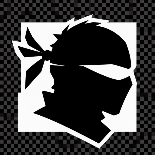 A minimalist icon depicting a ninja head silhouette in black. The silhouette should be simple and recognizable, with a headband or mask detail. The background should be transparent or a contrasting color (e.g., red or white)..
Single Game Texture. In-Game asset. 2d. Blank background. High contrast. No shadows.