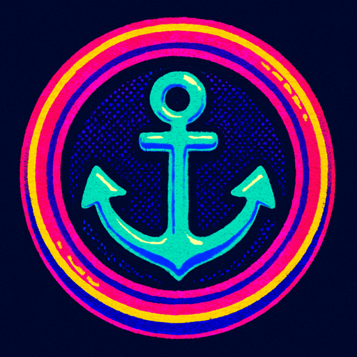 A round button with an embossed edge with an anchor in the center. 80s arcade machine graphics..
In-Game asset.  2d.  High contrast.  No shadows