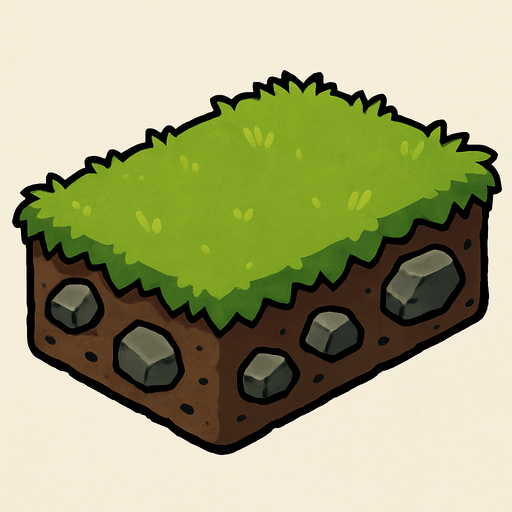 Cesped en forma de rectangulo como con el pasto arriba tierra y algunas rocas irregulares.
In-Game asset.  2d.  High contrast.  No shadows