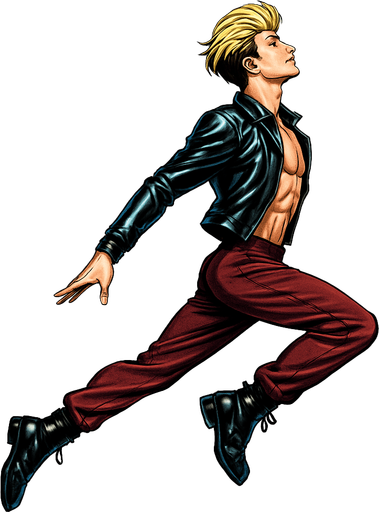 Swishy graceful man opposite arm and leg in front Cyberpunk manga, side profile view jumping pushing off the ground one leg extended one knee raises arms at sides loookkng skyward torpedo magic launching leap jump, shiny black leather biker jacket longsleeves shirtless Skinny abs blonde pompadour guy, wine red joggers combat boots, Background removed, "Full-body character, entirely in frame, no cropping of face, head, or feet" "Complete character visible, from head to toe, fully centered in the image" "Entire character, including face and boots, fully within the frame" Character fully contained within a square frame, no edges cut off fashion model idle pose
