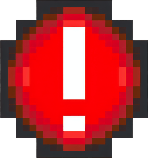 8-bit pixelated red round LED circle with a large exclamation sign indented in the center.
Single Game Texture. In-Game asset. 2d. Blank background. High contrast. No shadows.