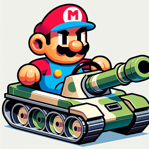 Mario driving a tank.
Single Game Texture.  In-Game asset.  2d.  Blank background.  High contrast.  No shadows