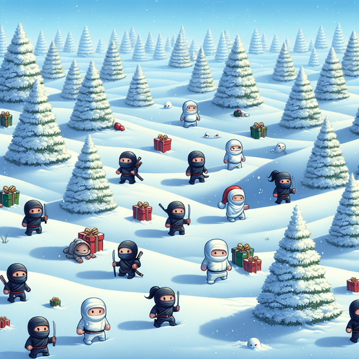 A beautiful winter snowy christmas landscape with ninja thieves kids lurking. Christmas gifts are hidden in the snow.
Single Game Texture. In-Game asset. 2d. Blank background. High contrast. No shadows.