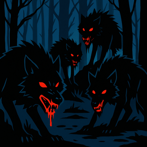 a dark forest with bloodthirsty black wolves.
In-Game asset.  2d.  High contrast.  No shadows