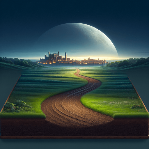 2d classic landscape. night sky .horizontaly soil surface road.  far distance meadow wit dark green meadow and epic medieval city.
Single Game Texture.  In-Game asset.  2d.