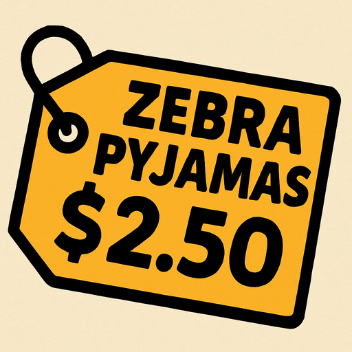 Price tag that says Zebra Pyjamas $2.50.
In-Game asset.  2d.  High contrast.  No shadows