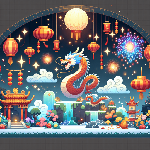 Chinese new years, magical landscape, year of the dragon.
Single Game Texture. In-Game asset. 2d. Blank background. High contrast. No shadows.