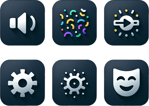 Collection of high definition modern rounded squares buttons.
icons : speaker; confettis;  settings (cog), smilling theater mask
Simple backgrounds. 
Few colours.
