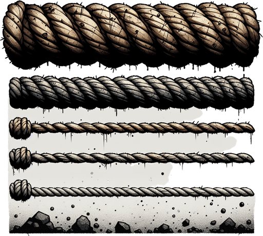 a dirty and eerie 2d horizontal rope.
Single Game Texture. In-Game asset. 2d. Blank background. High contrast. No shadows.