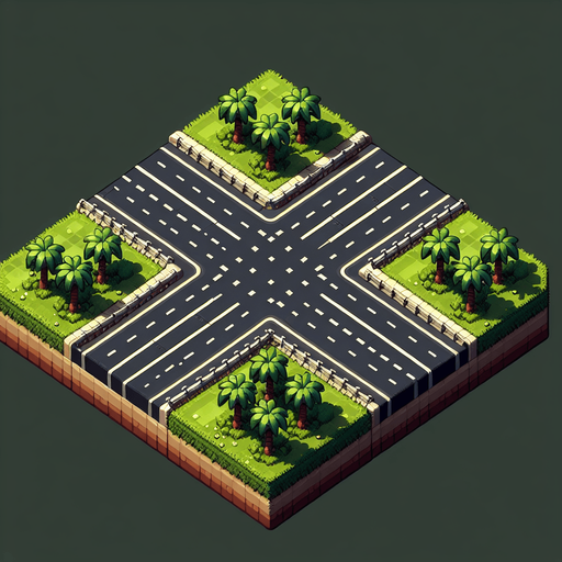four-lane road with green lawns and palm trees.
Single Game Texture. In-Game asset. 2d. Blank background. High contrast. No shadows.