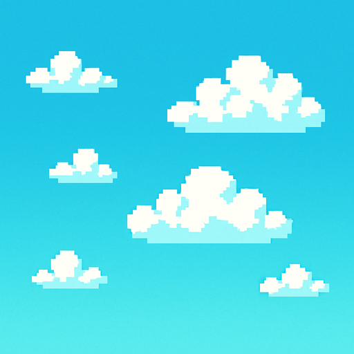 El cielo debe ser un fondo claro y agradable, de color azul celeste con un suave degradado hacia un azul más claro en la parte inferior, acompañado de algunas nubes blancas esponjosas flotando lentamente para dar una sensación de movimiento y vida; todo en pixel art, sin muchos detalles, con un ambiente brillante, alegre y apto para un juego casual visualmente amigable..
In-Game asset.  2d.  High contrast.  No shadows
