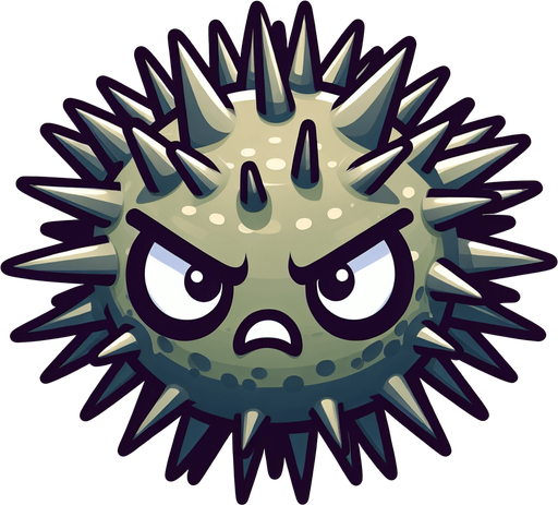 Sea urchin, cartoon, spiny, long spines, grumpy face, no shadow
Single Game Texture. In-Game asset. 2d. Blank background. High contrast. No shadows.