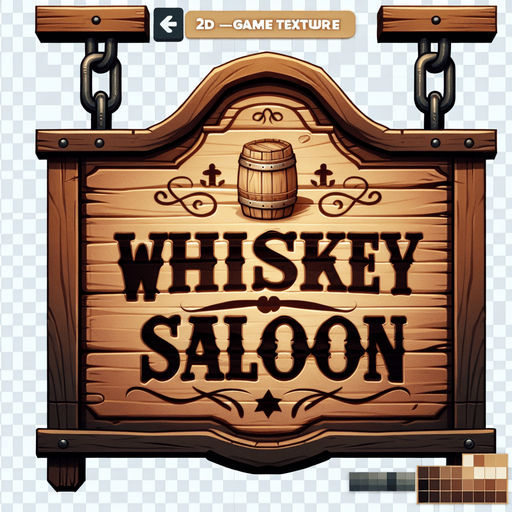 front facing western shooting gallery wooden sign hanging from chains that is written "Whiskey Saloon".
Single Game Texture. In-Game asset. 2d. Blank background. High contrast. No shadows.
