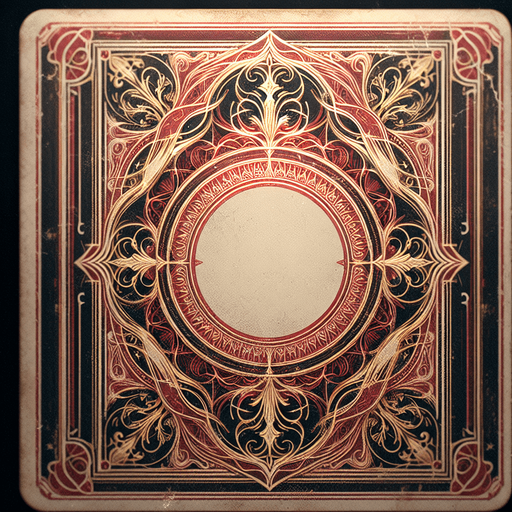 The back of a card. It's a faded red color and features a beautiful gold Edwardian design. The cards look slightly old, as if used for many years..
Single Game Texture. In-Game asset. 2d. Blank background. High contrast. No shadows.