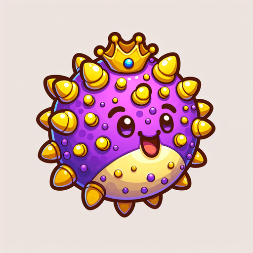 a game logo for a game called 'Bubble Blower Tycoon' about a happy purple pufferfish with yellow fins and spines that builds an underwater empire of bubbles. Cartoon.
Single Game Texture.  In-Game asset.  2d.  Blank background.  High contrast.  No shadows