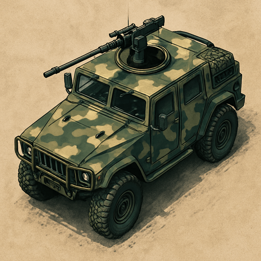 Armed off-road vehicle with camouflage livery. Top view.