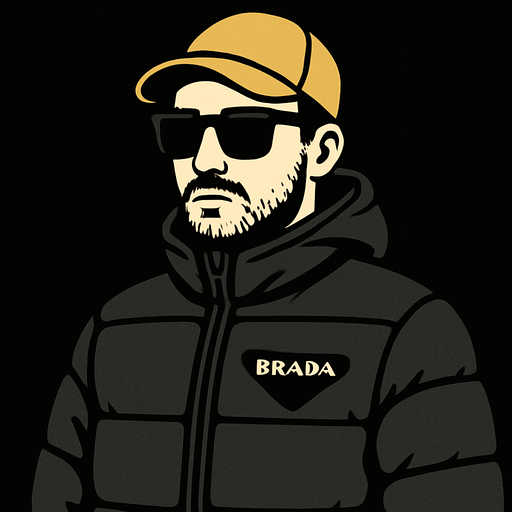 siyah renk prada montlu bir adam görseli oluştur , bu montu giyen adam sarı şapkalı , siyah güneş gözlüklü , hafif kirli sakallı bir tip olsun. prada yerine görselde "BRADA" yazsın
In-Game asset.  2d.  High contrast.  No shadows