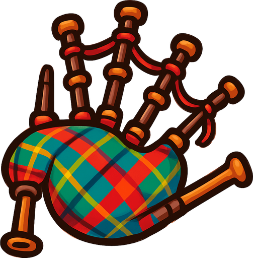 A fun, cartoony illustration of Scottish bagpipes with a tartan pattern. Rounded edges, high-contrast details, and transparent rounded background. Designed as an icon for a world music game..
In-Game asset.  2d.  High contrast.  No shadows
