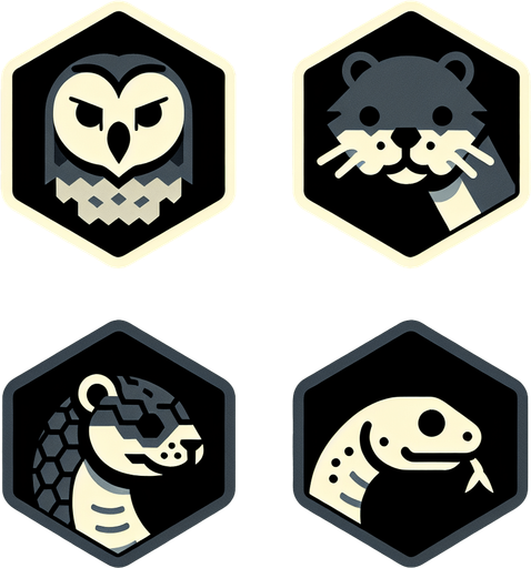 A sprite sheet for game icons featuring an owl, an otter and a snake. Hexagon icons featuring the head of animal. 
Single Game Texture. In-Game asset. 2d. Blank background. High contrast. No shadows.