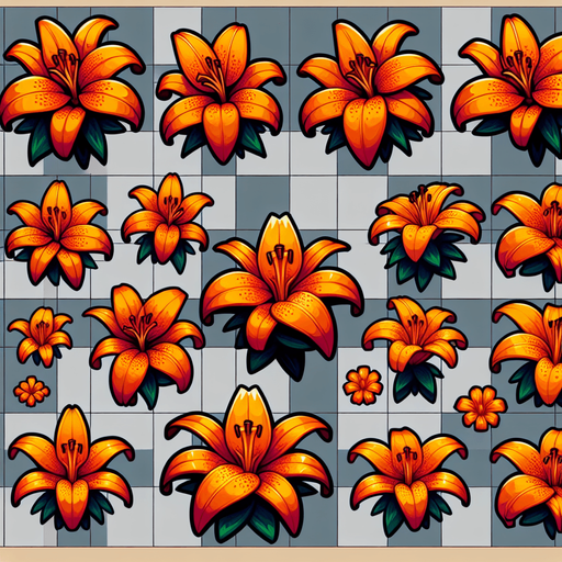 A sprite sheet of different orange tiger lily seen from above. Cartoon. All similar size. Just the blossom. Bold colors and shading. 
Single Game Texture. In-Game asset. 2d. Blank background. High contrast. No shadows.