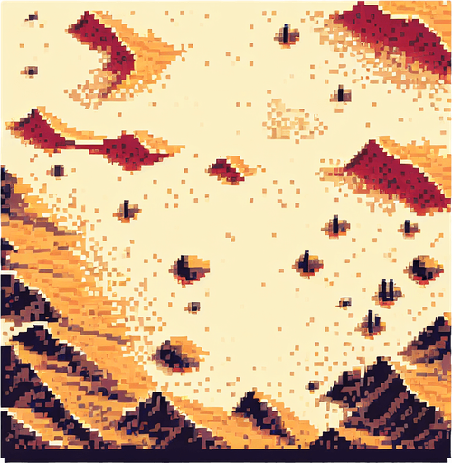 Pixel art top down aerial view barren desert, sand dunes, retro shooter
Single Game Texture. In-Game asset. 2d. Blank background. Low contrast. No shadows.