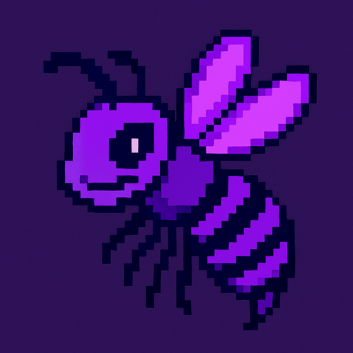 Genera una imagen de una avispa no terroríficas, pixel y que sean moradas. Que sea corrupta
In-Game asset.  2d.  High contrast.  No shadows
